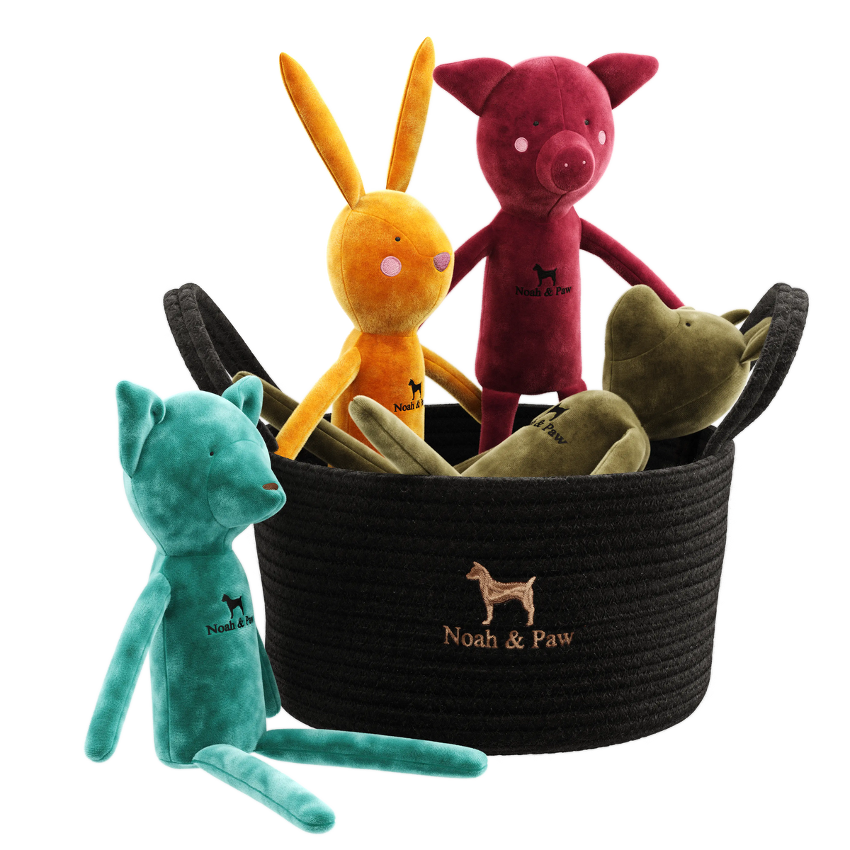 Noah & Paw dog toy set in a storage basket