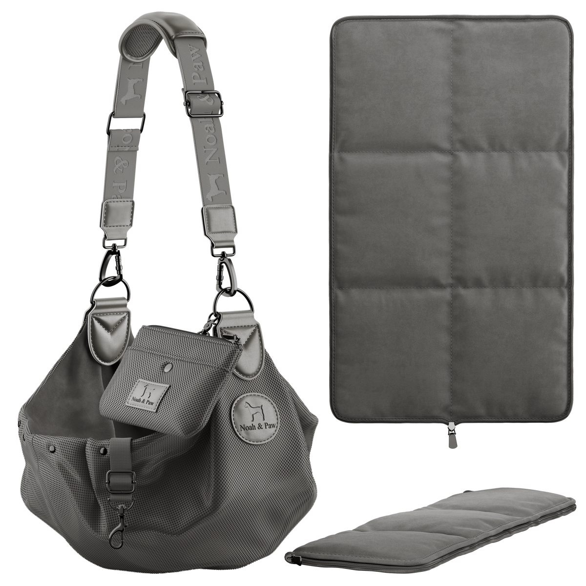 Mesh dog sling with snap closure, Gray, 3D view, Noah & Paw