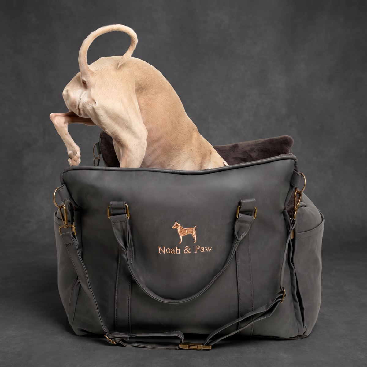 Noah & Paw orthopedic dog car seat carrier, black vegan leather, with an Italian greyhound