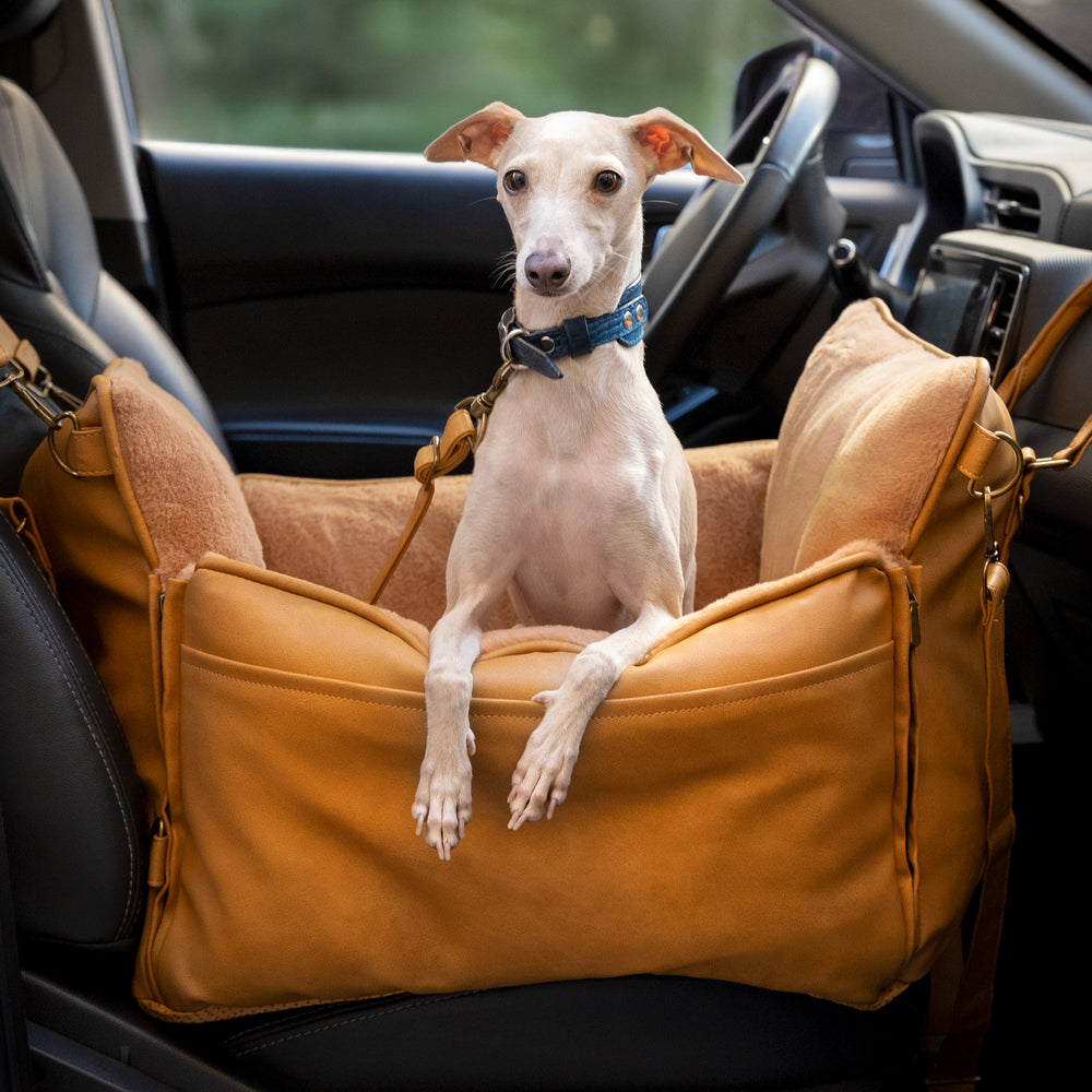 Noah & Paw orthopedic dog car seat carrier with crushed foam, camel vegan leather