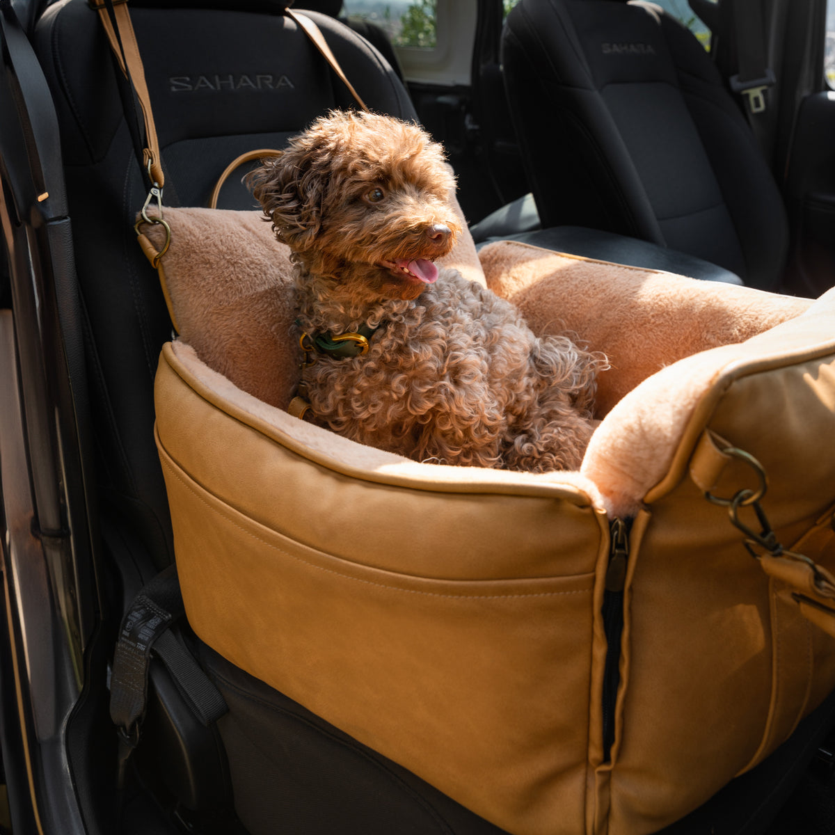 Noah & Paw orthopedic dog car seat carrier with crushed foam, camel vegan leather
