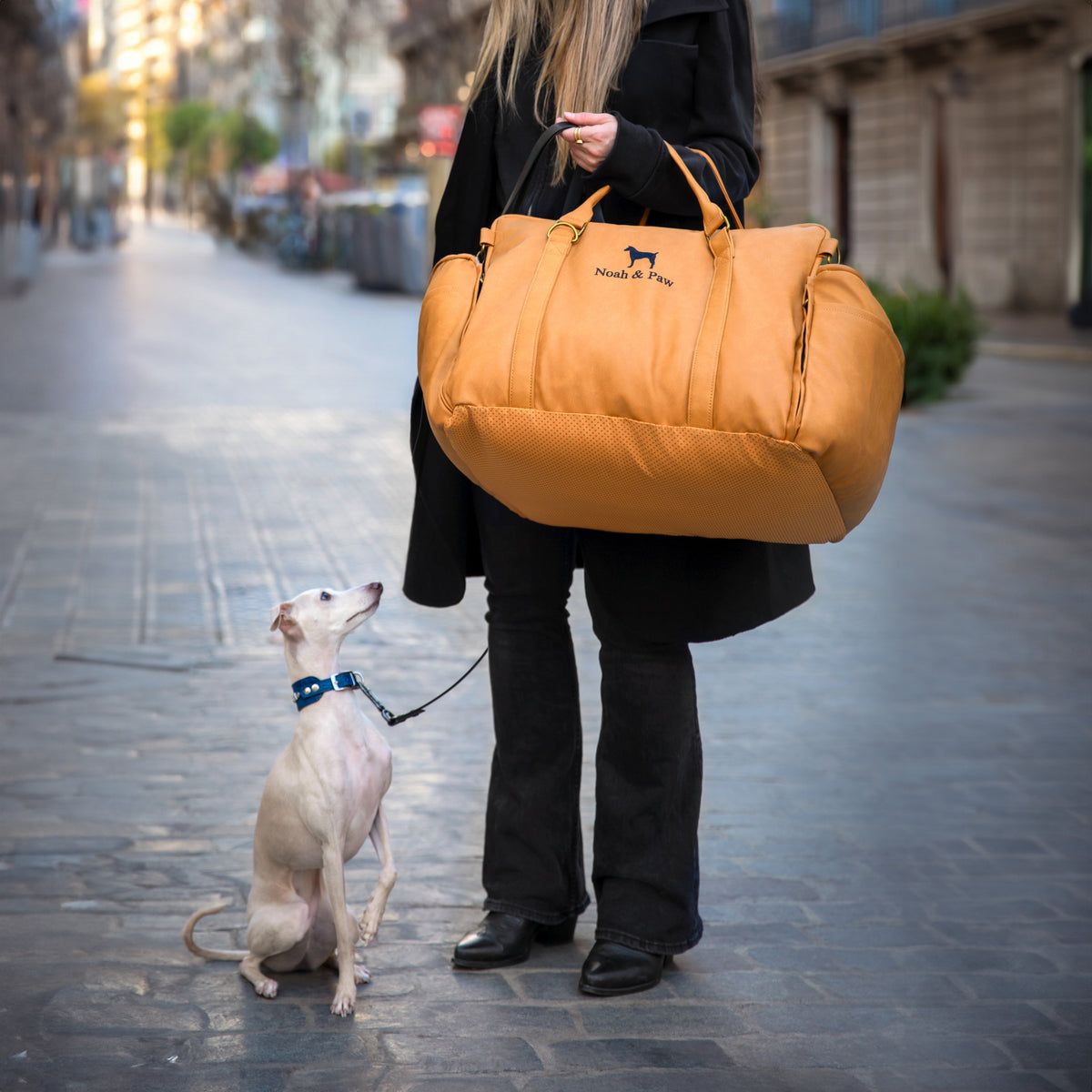 Noah & Paw orthopedic dog car seat carrier with crushed foam, camel vegan leather