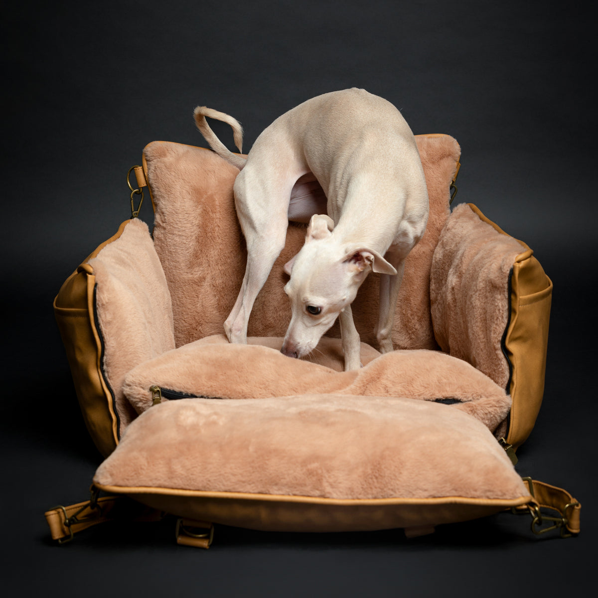 Noah & Paw orthopedic dog car seat carrier with crushed foam, camel vegan leather