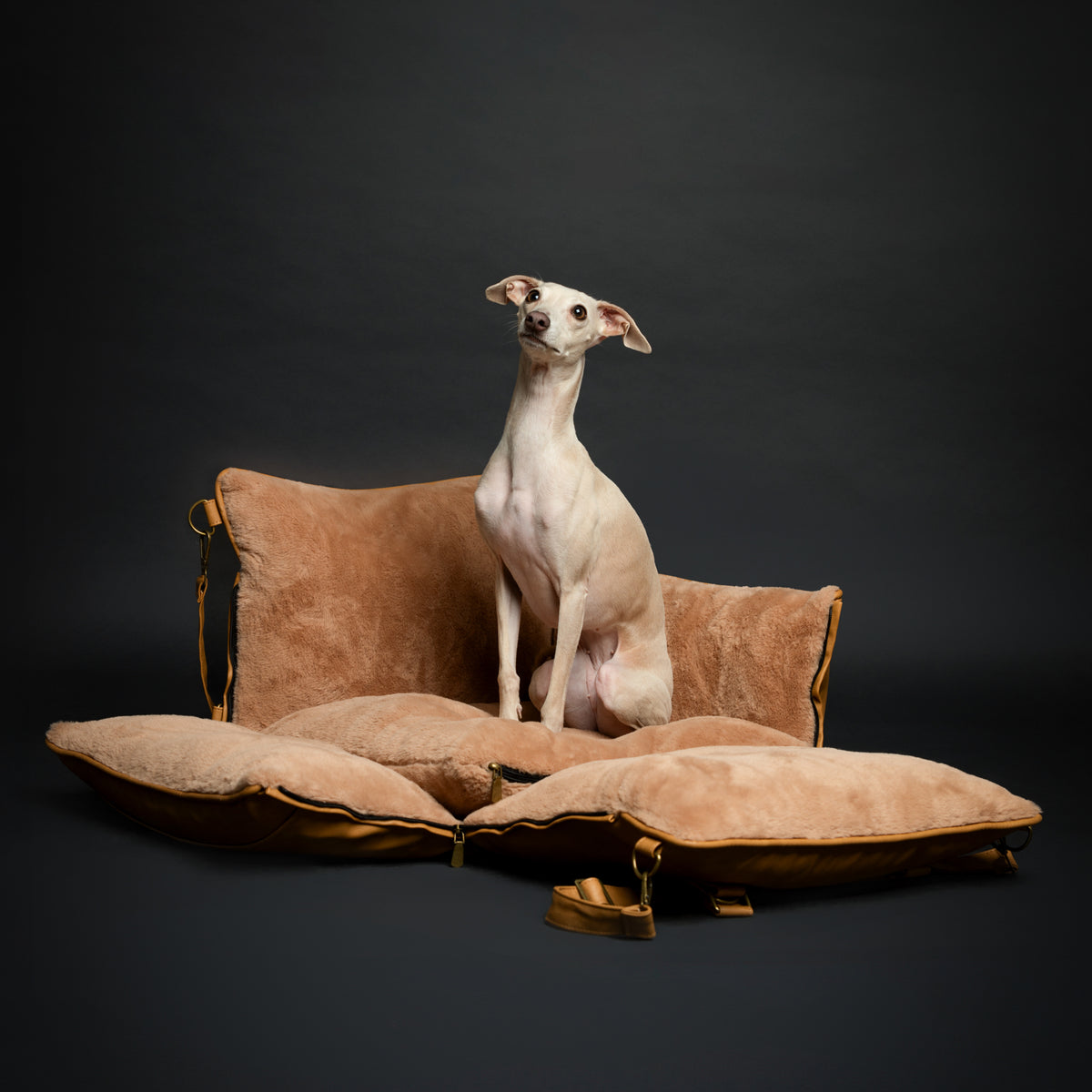 Noah & Paw orthopedic dog car seat carrier with crushed foam, camel vegan leather