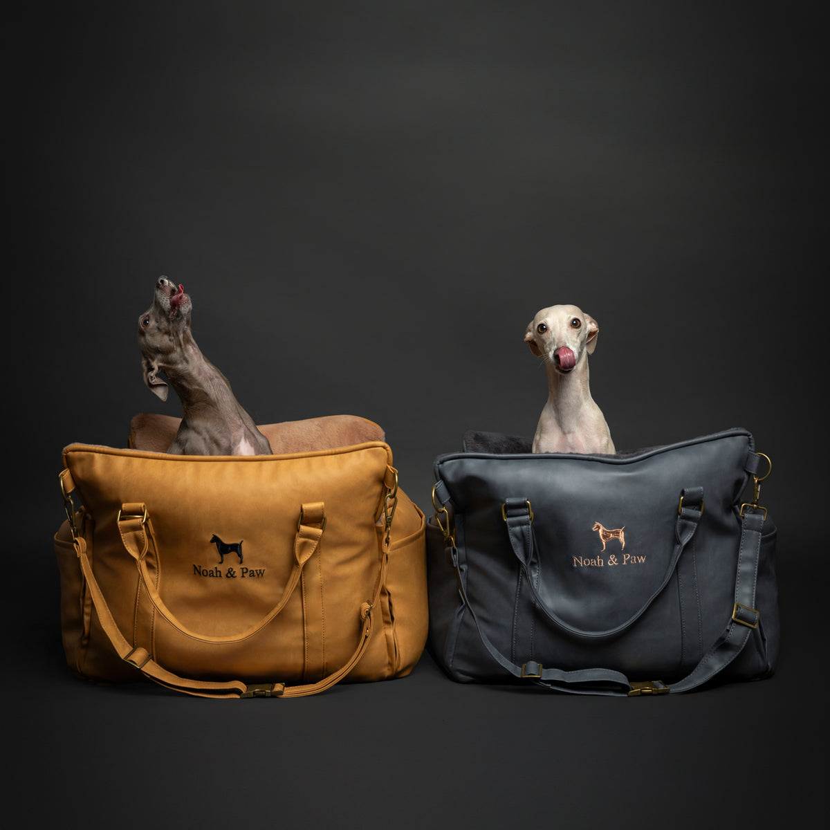 Noah & Paw orthopedic dog car seat carrier with crushed foam, camel vegan leather