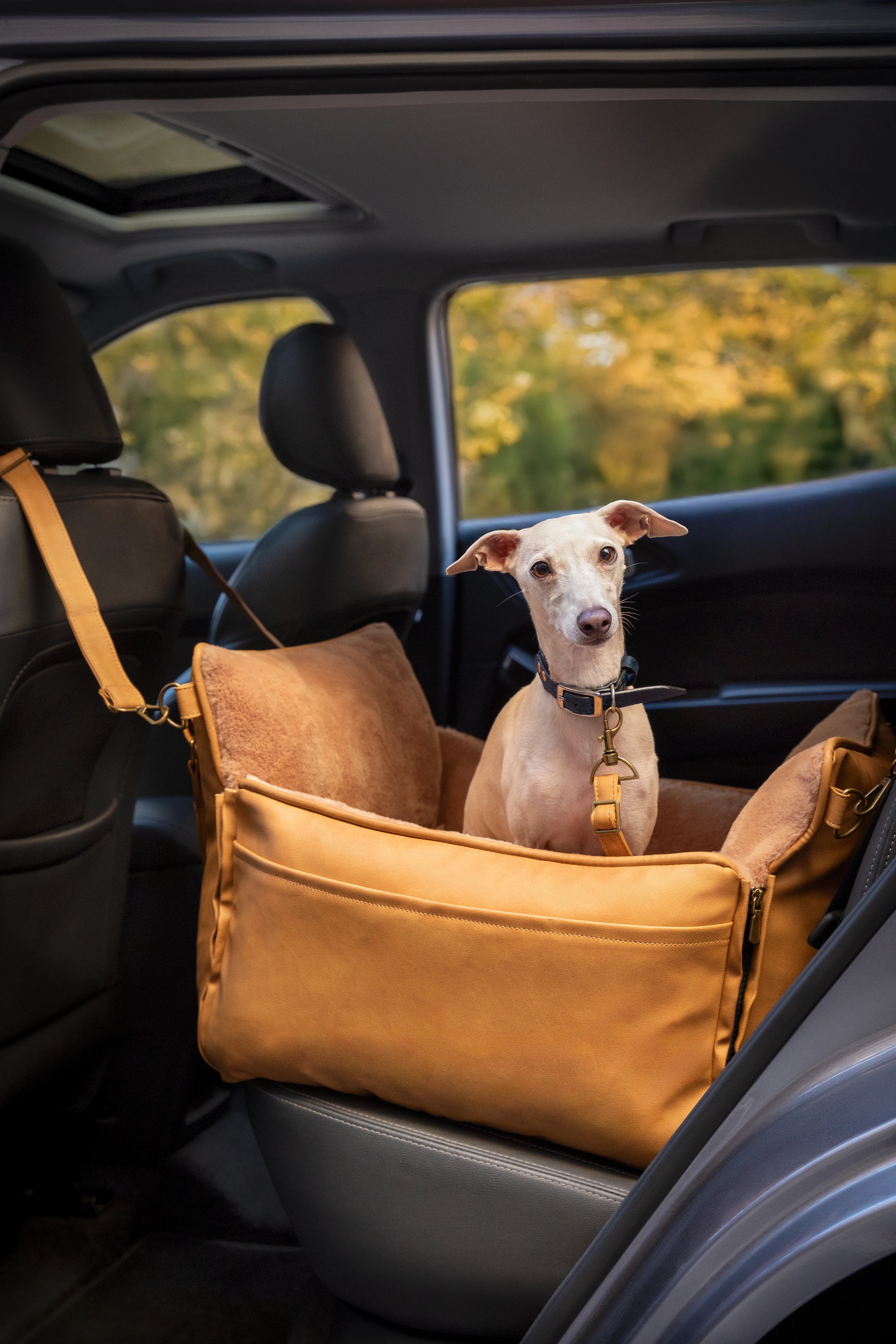 Dog Car Seat Portable Style Faux Leather Camel