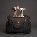 Noah & Paw orthopedic dog car seat carrier, charcoal canvas, with two Italian greyhounds