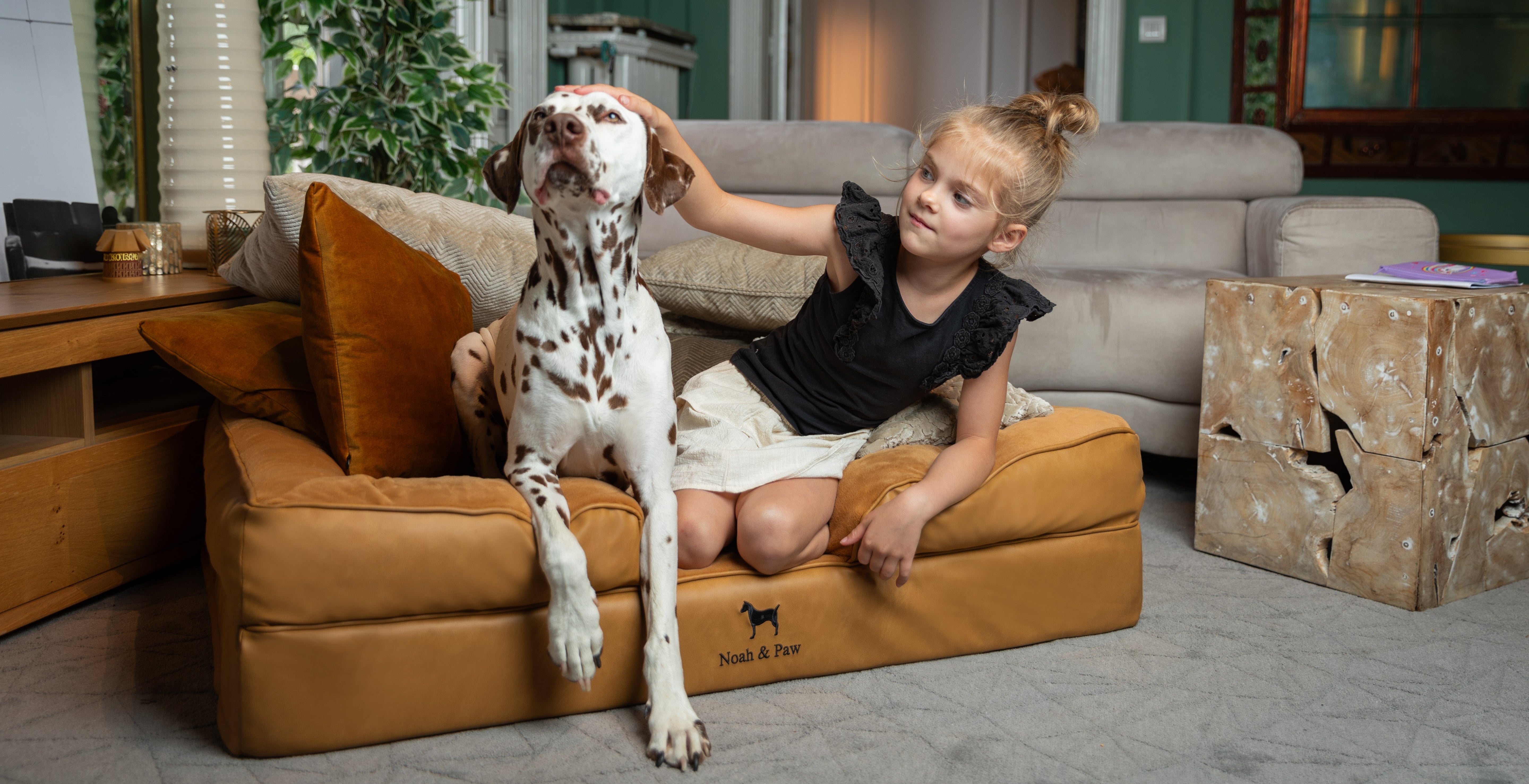 A girl and a dog sitting on a dog bed