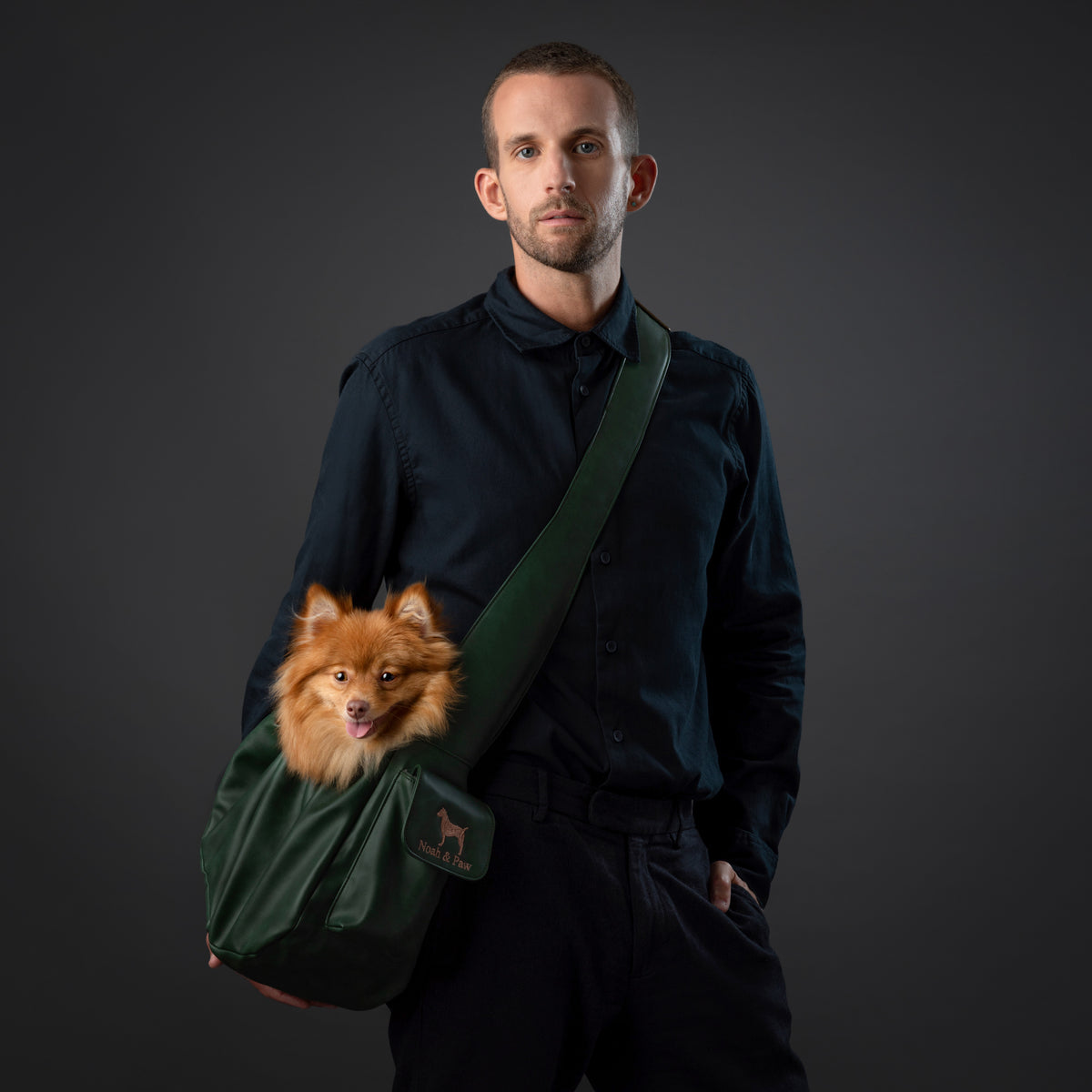 Noah & Paw ruffle style dog sling carrier in vegan leather, dark green