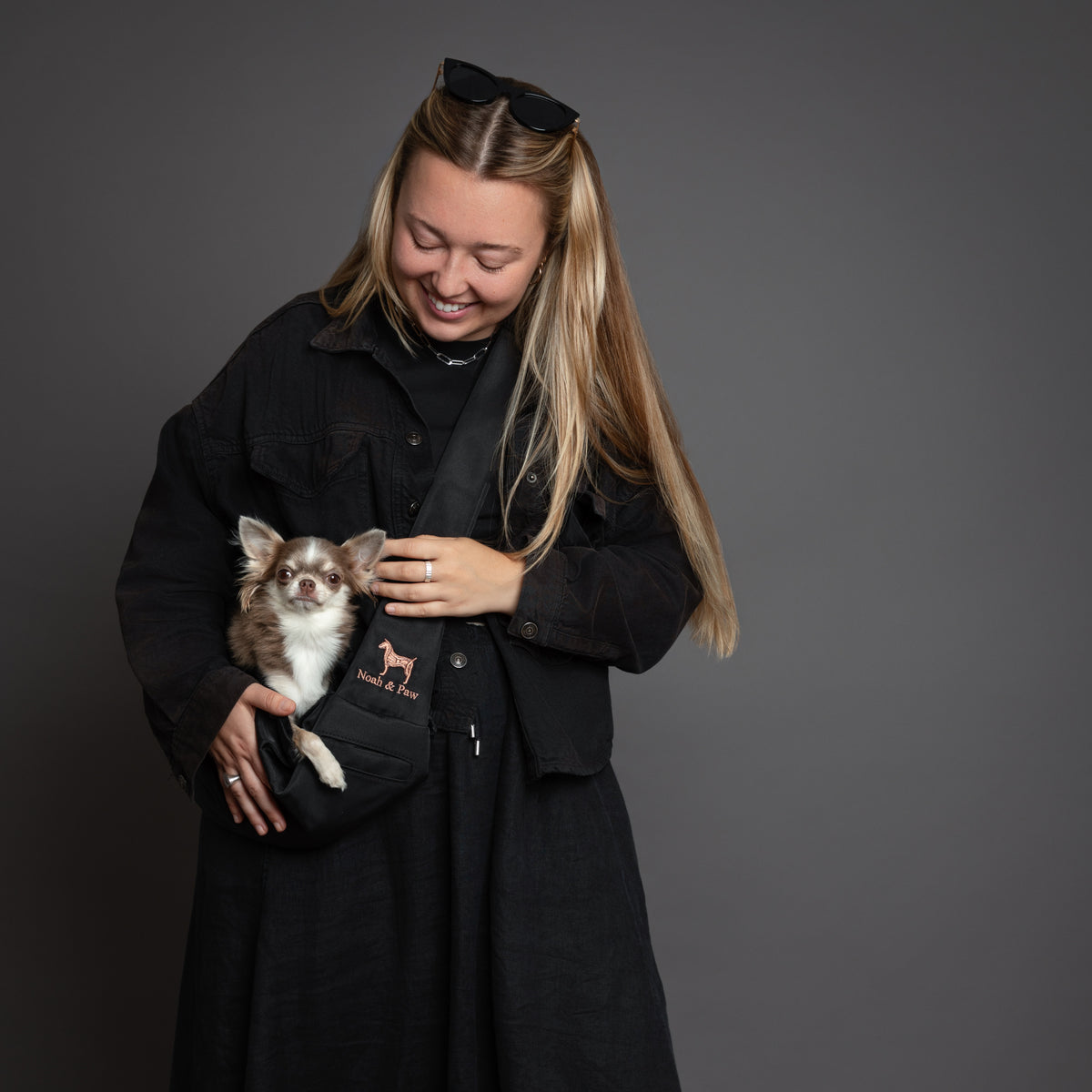 Noah & Paw snap style dog sling carrier in twill, black, size XS