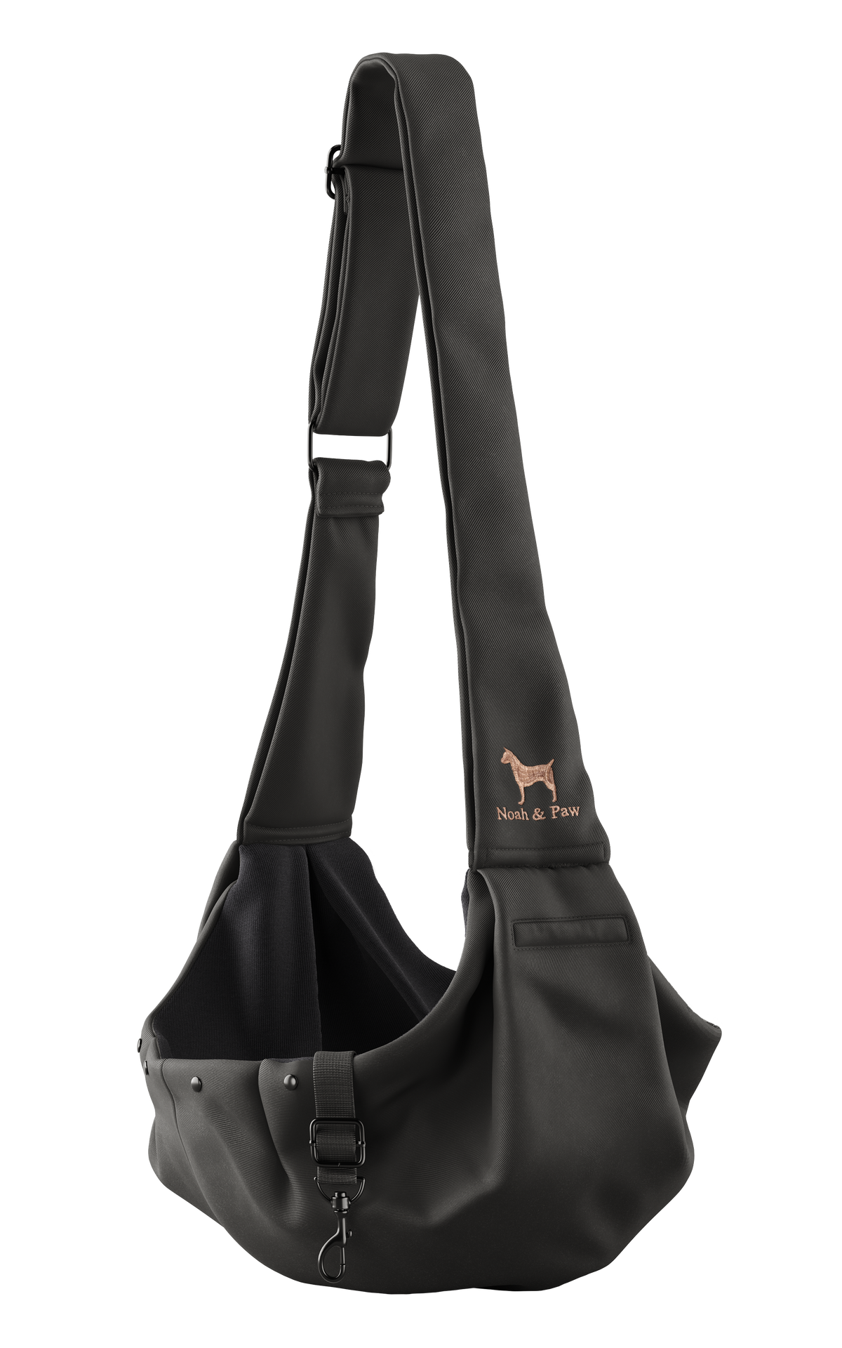 Noah & Paw snap style dog sling carrier in twill, black, size XS, fabric lined