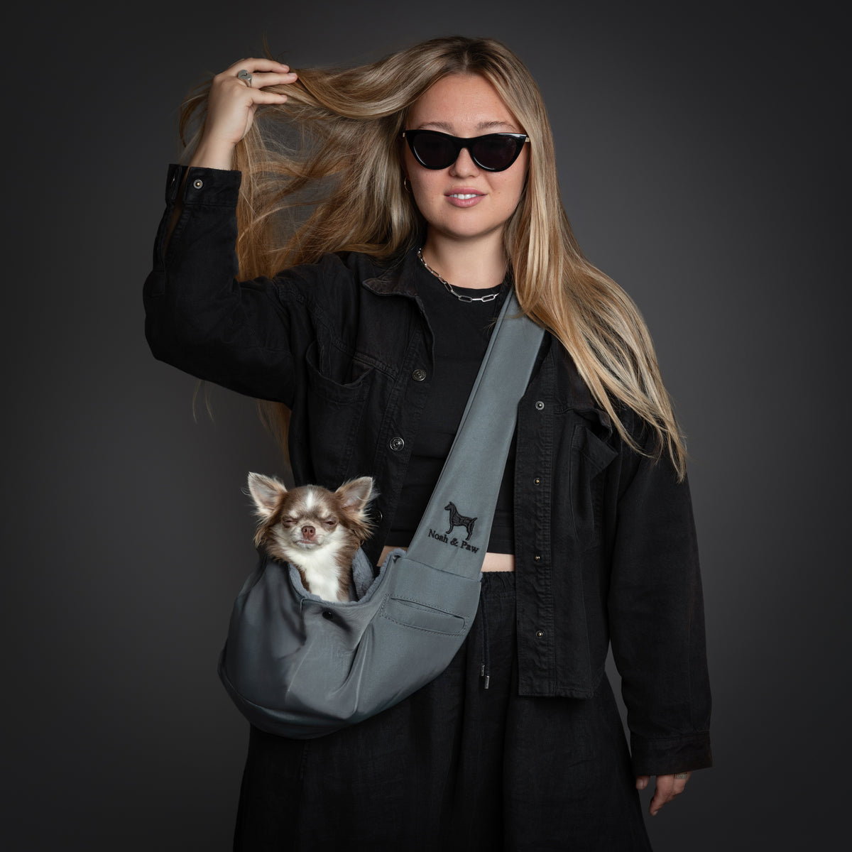 Noah & Paw snap style dog sling carrier in twill, gray, size S/M