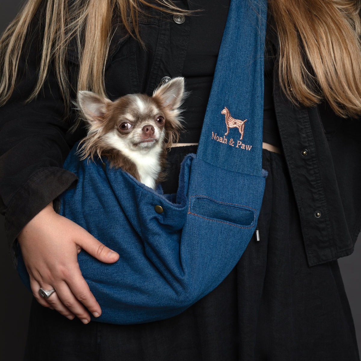 Noah & Paw snap style dog sling carrier in denim, light blue, size S/M