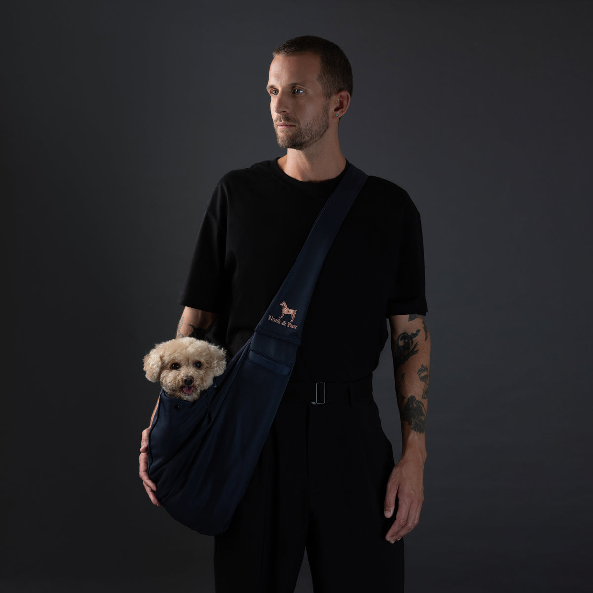 Noah & Paw snap style dog sling carrier in twill, navy blue, size XS