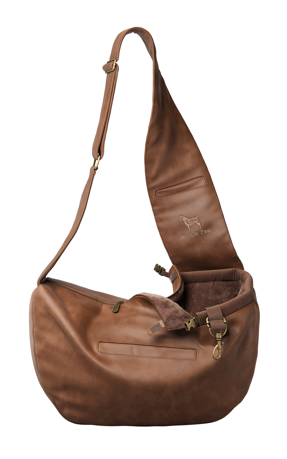 Noah & Paw 3x safety zipper dog sling carrier in vegan leather, brown, size S/M
