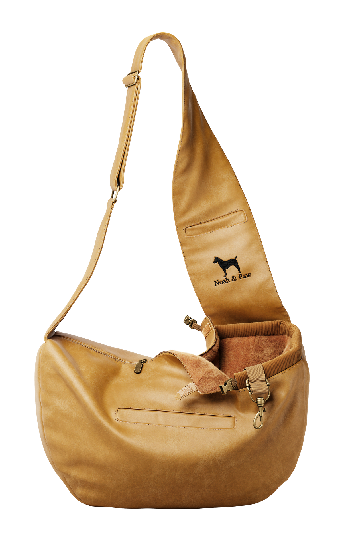 Noah & Paw 3x safety zipper dog sling carrier in vegan leather, camel, size S/M