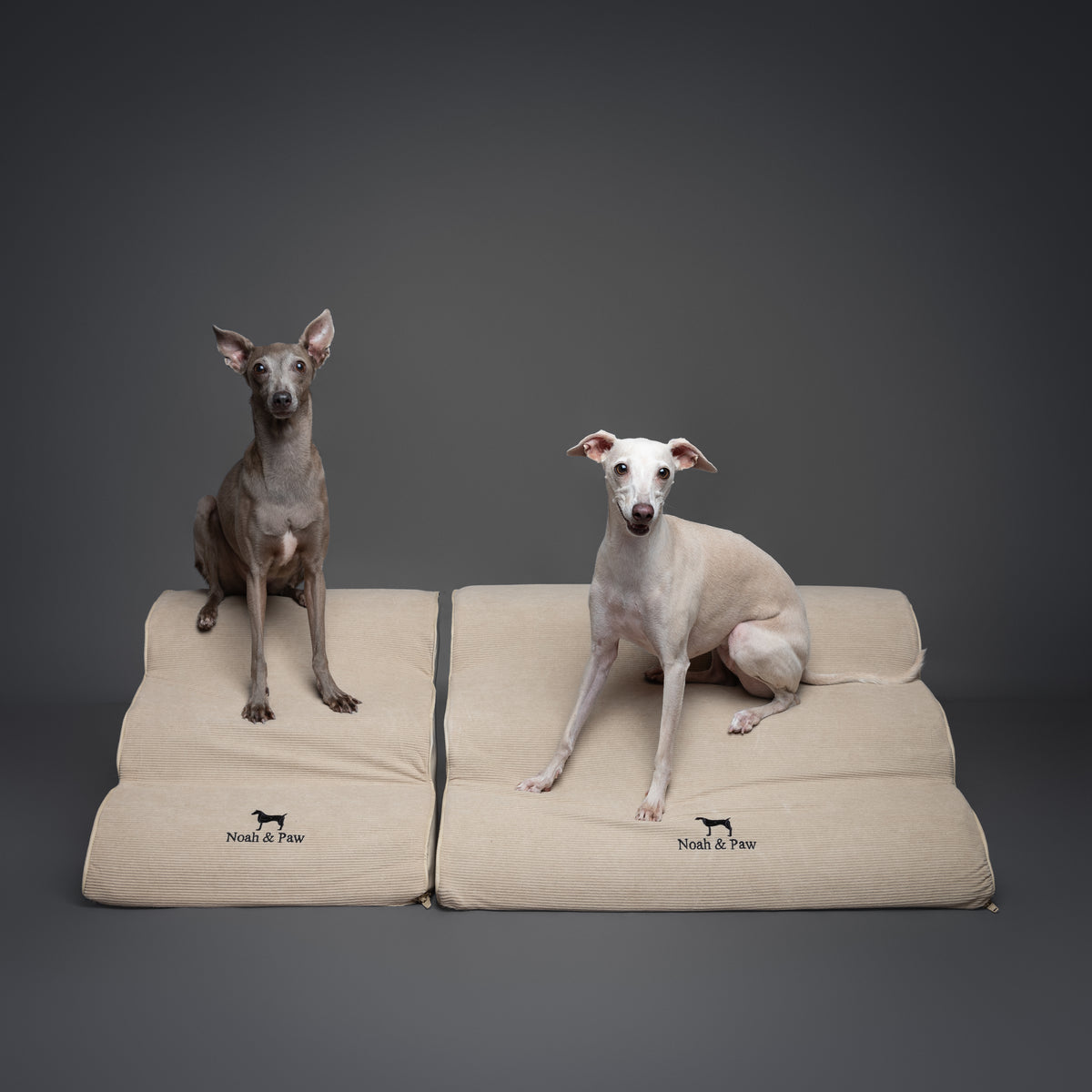 Noah & Paw 27-inch extra wide dog ramp stairs in faux leather, beige, 3 steps