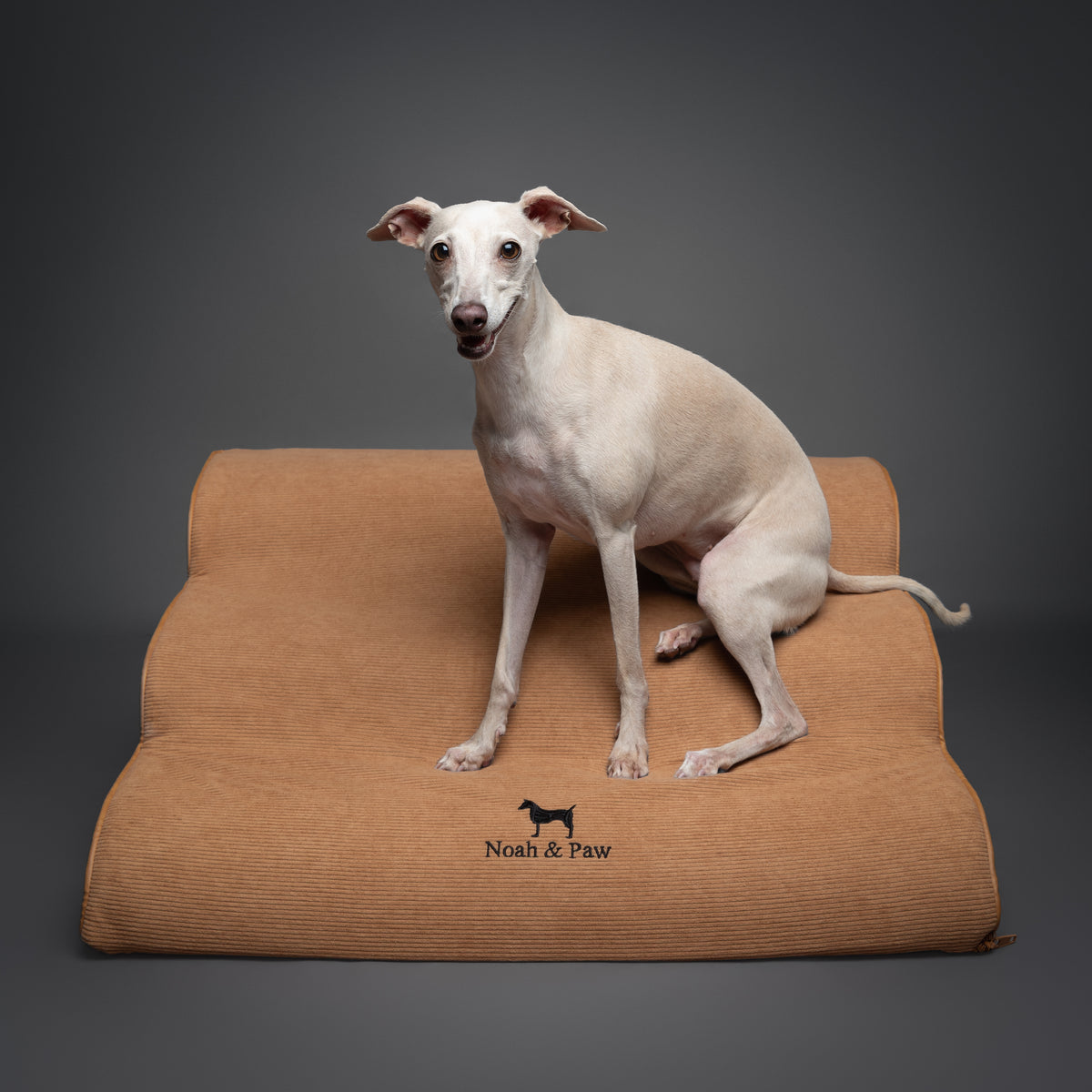 Noah & Paw 27-inch extra wide dog ramp stairs in faux leather, camel, 3 steps