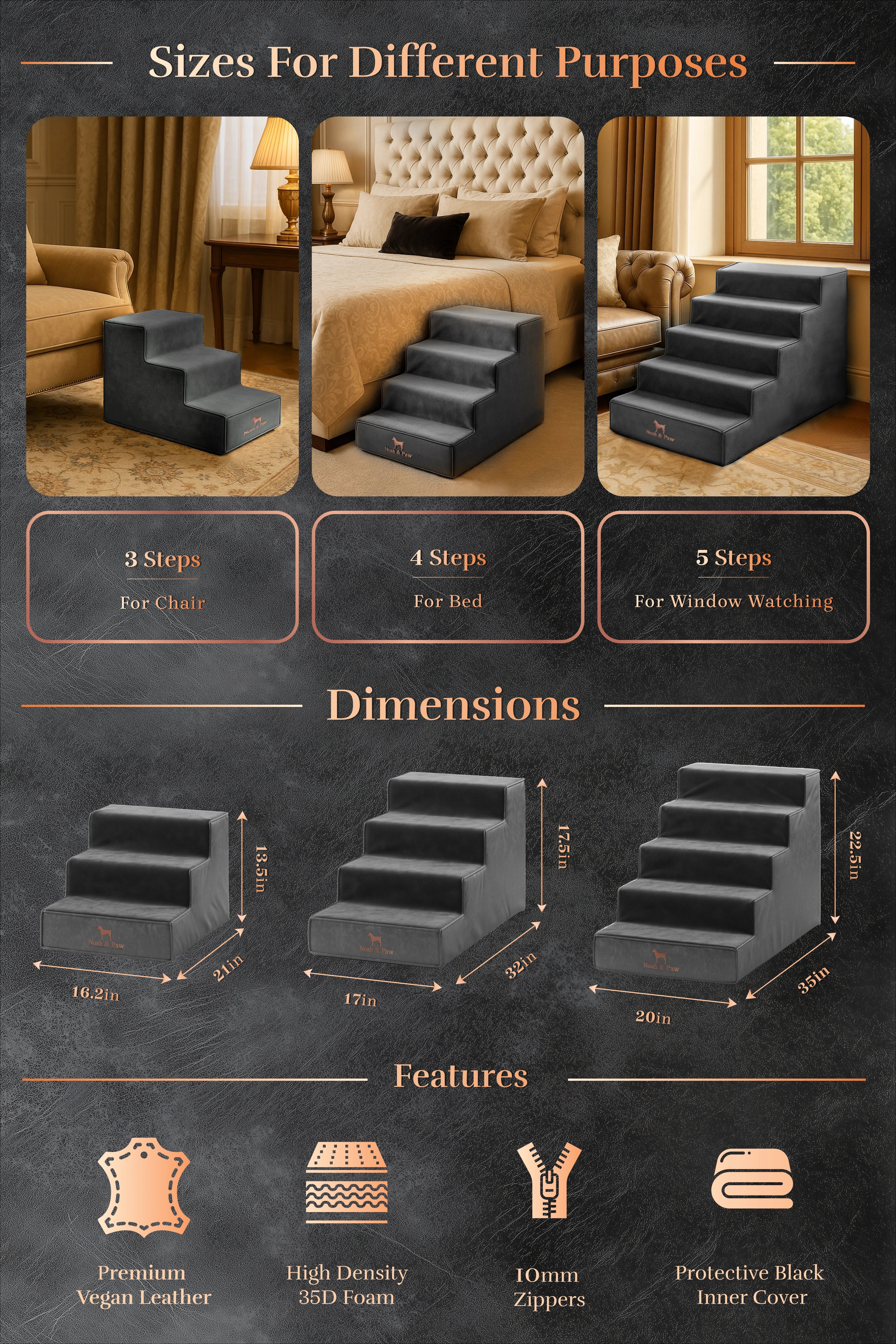 Luxury Dog Stairs For Bed | Faux Leather Pet Steps - Black - 3 Steps
