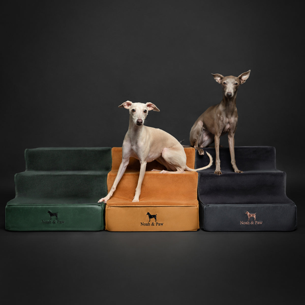 Noah & Paw luxury dog stairs for bed in faux leather, camel, 3 steps