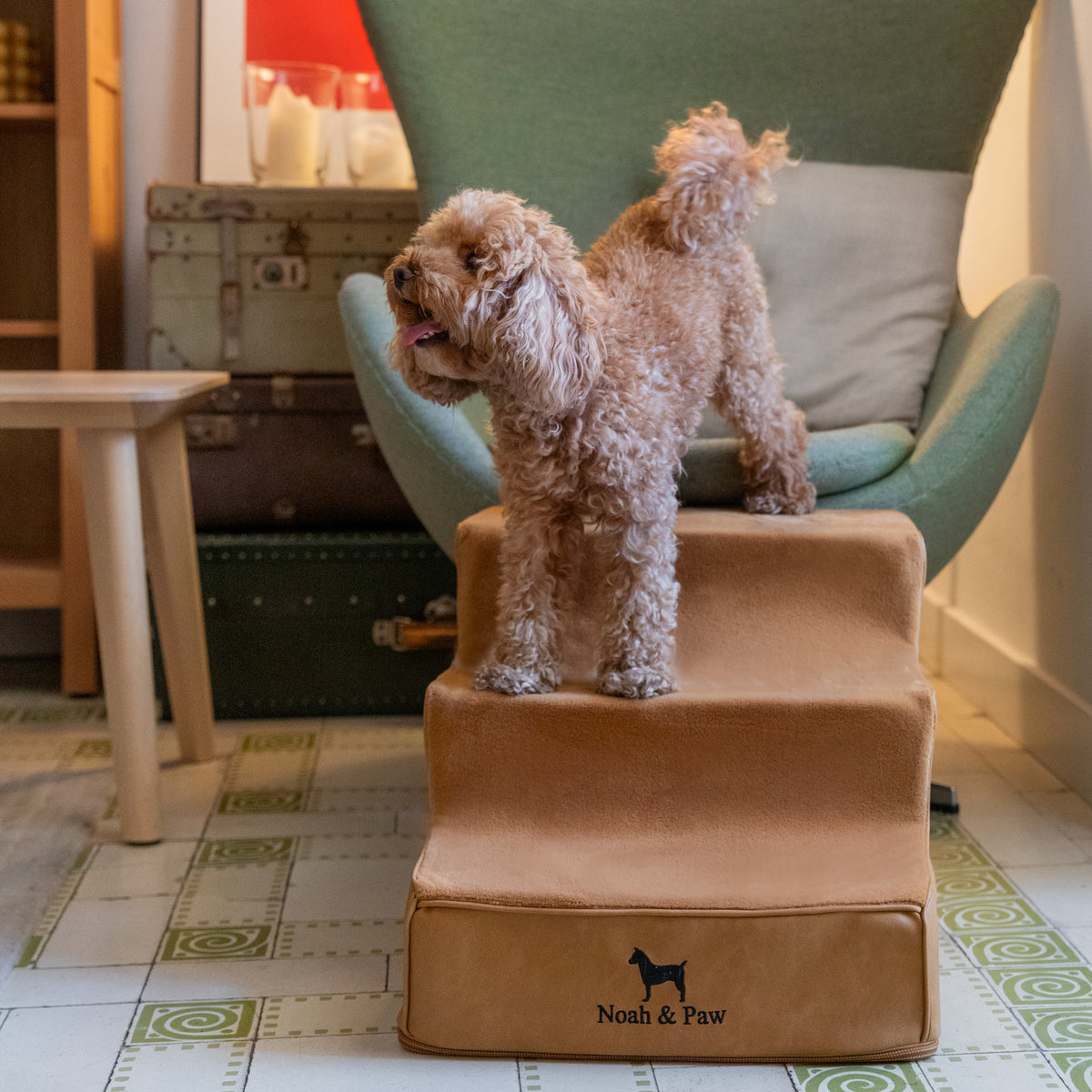 Noah & Paw luxury dog stairs for bed in faux leather, camel, 3 steps