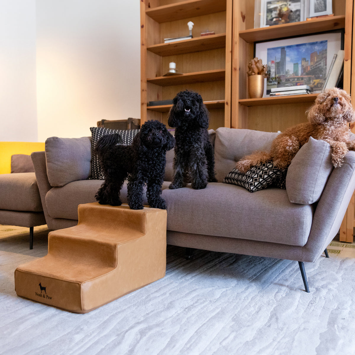 Noah & Paw luxury dog stairs for bed in faux leather, camel, 3 steps