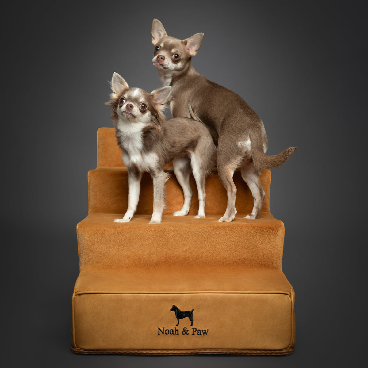 Noah & Paw luxury dog stairs for bed in faux leather, camel, 4 steps