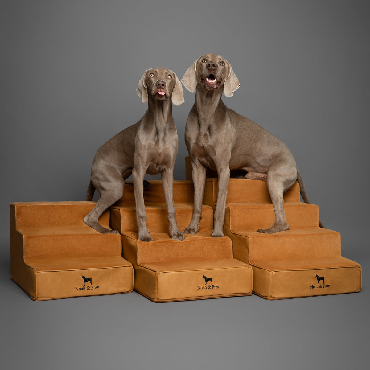Noah & Paw luxury dog stairs for bed in faux leather, camel, 4 steps