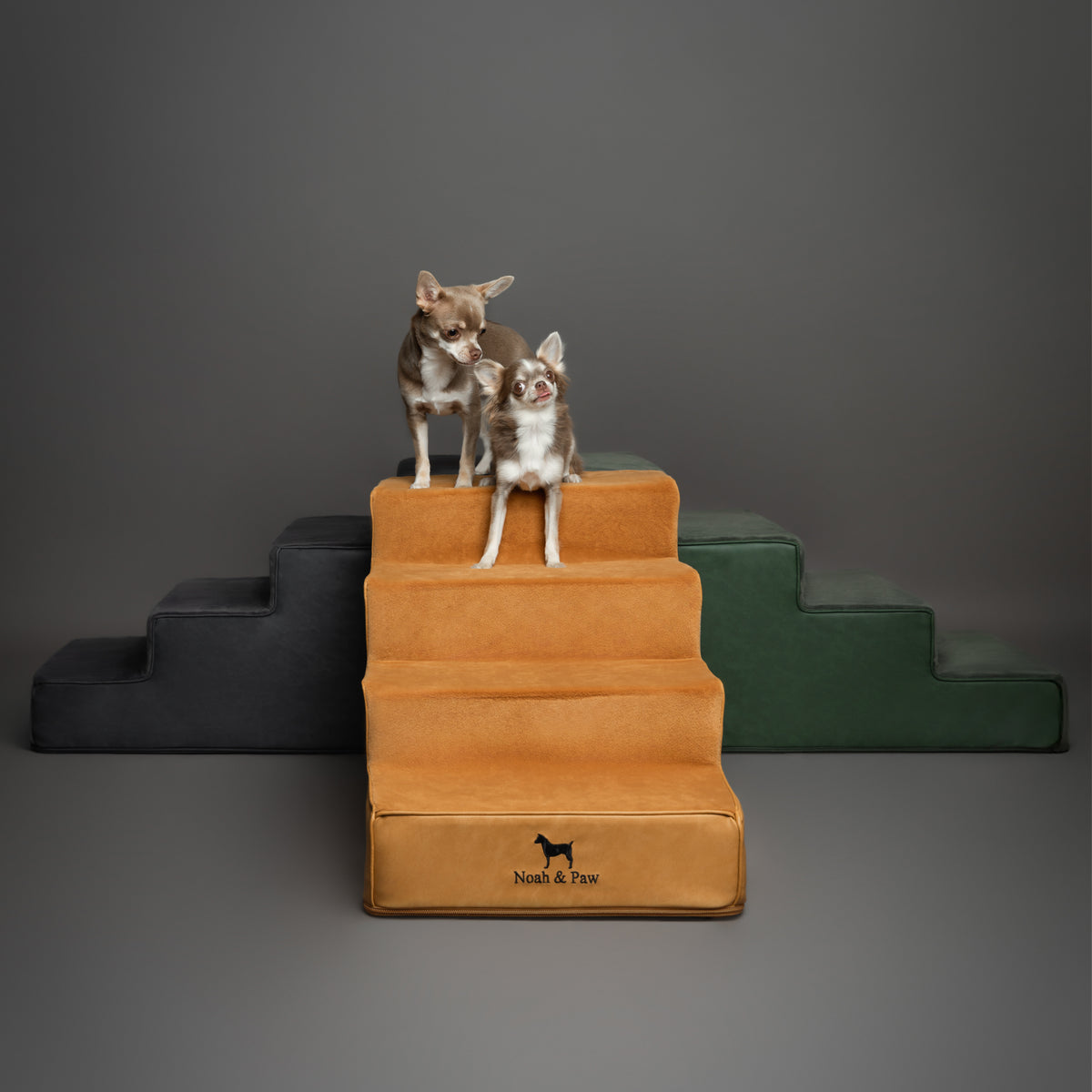 Noah & Paw luxury dog stairs for bed in faux leather, camel, 4 steps