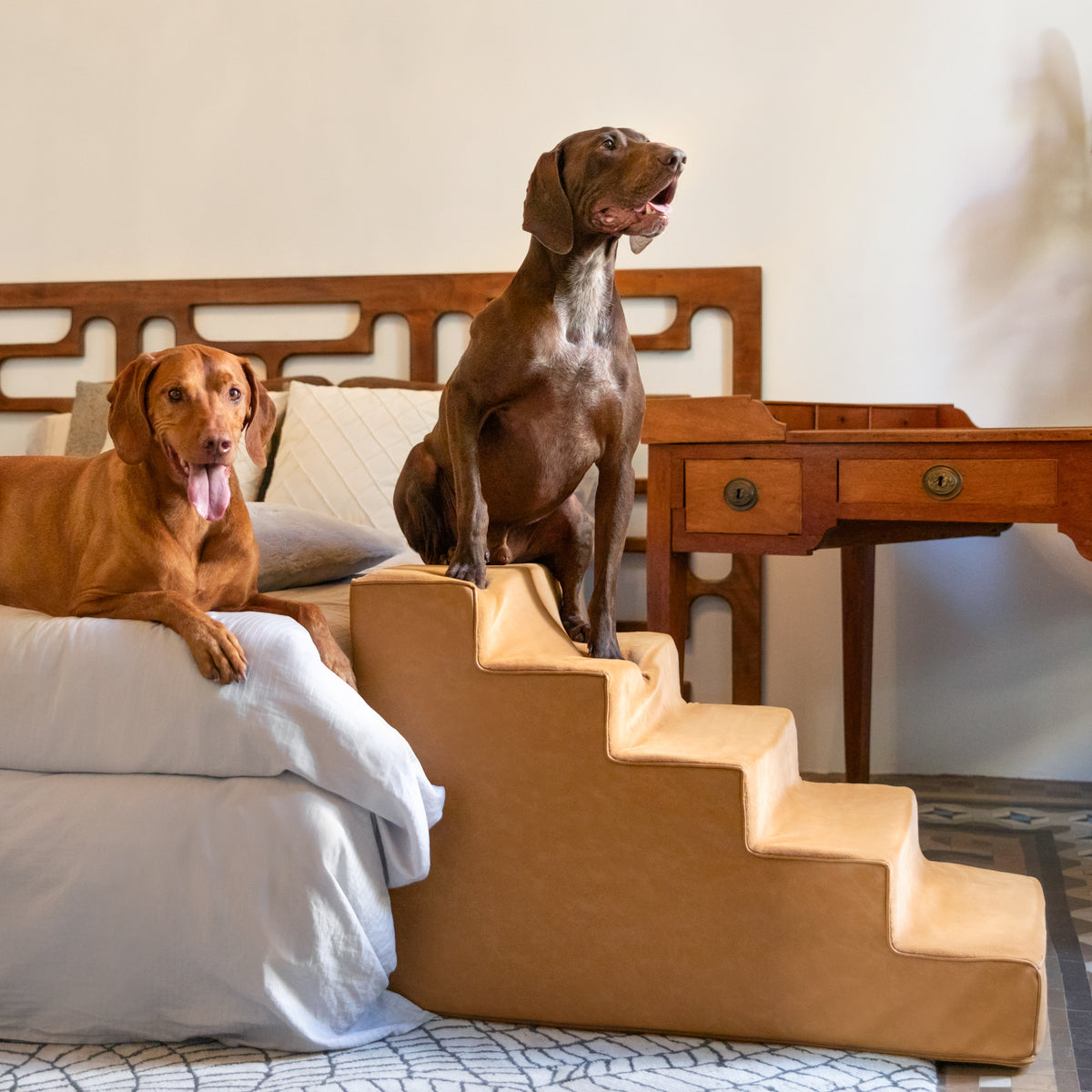 Noah & Paw luxury dog stairs for bed in faux leather, camel, 5 steps