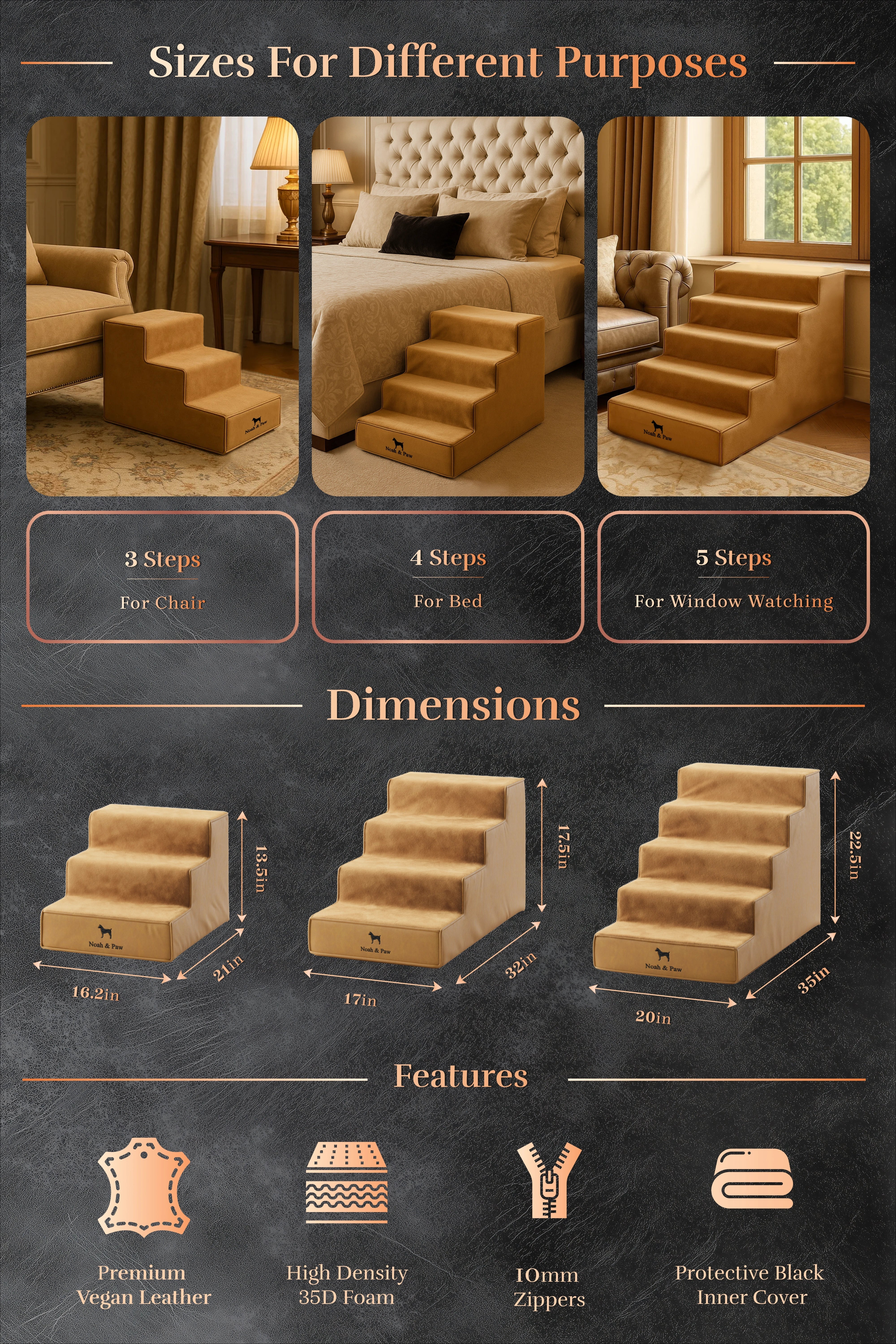 Luxury Dog Stairs For Bed | Faux Leather Pet Steps - Camel - 5 Steps