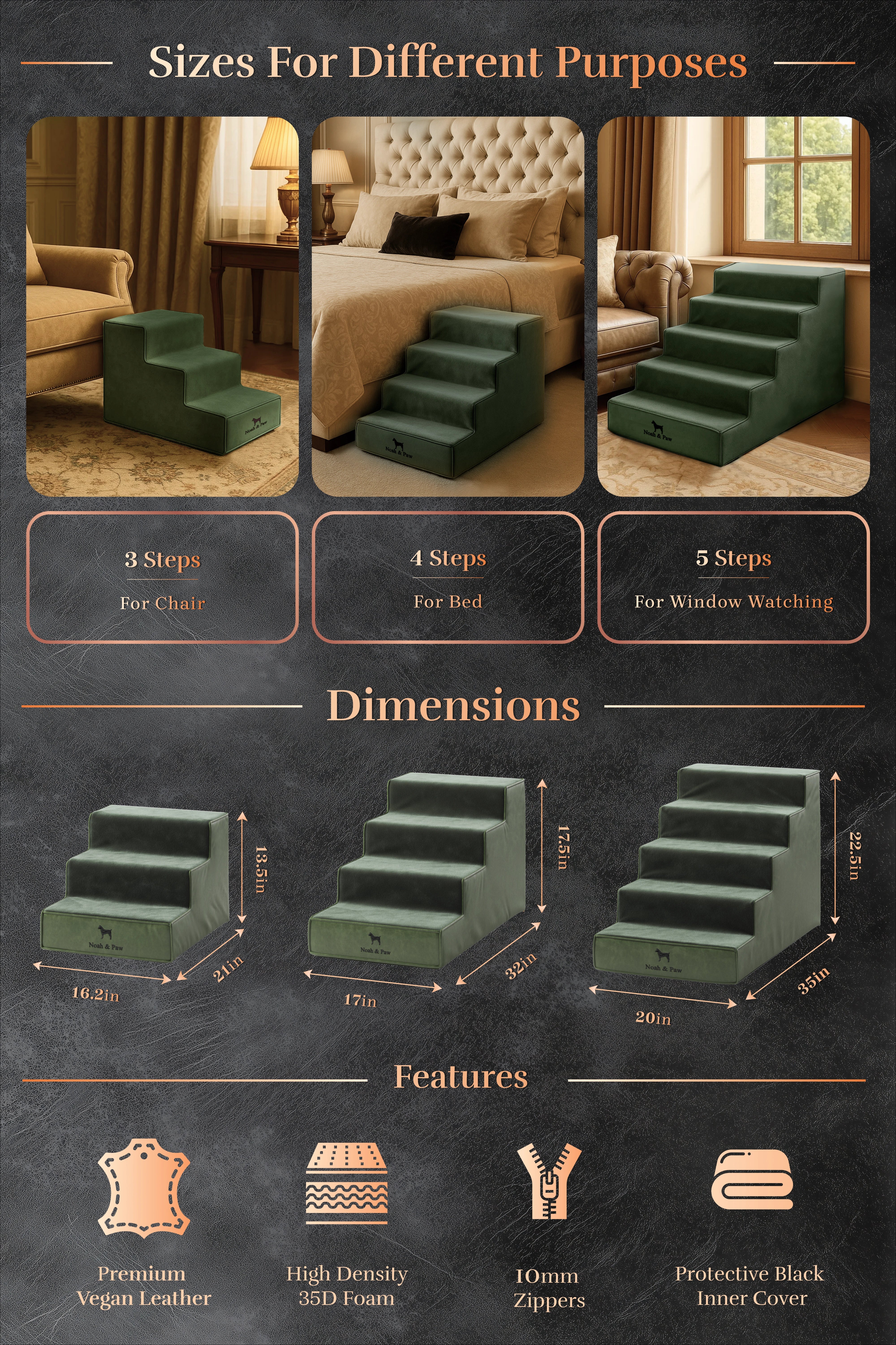 Luxury Dog Stairs For Bed | Faux Leather Pet Steps - Green - 3 Steps