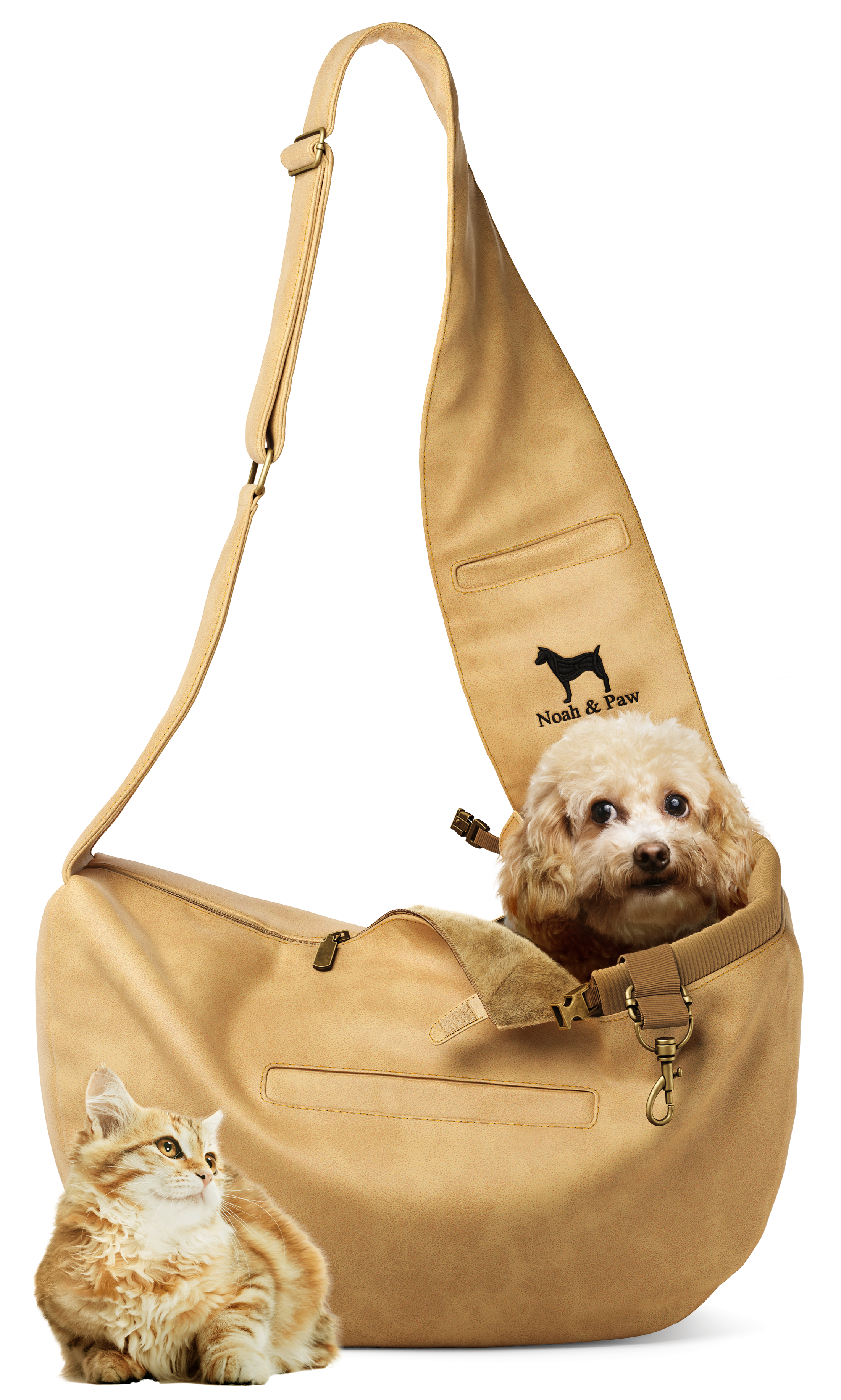 Dog Sling Carrier Beige Leather - Zipper