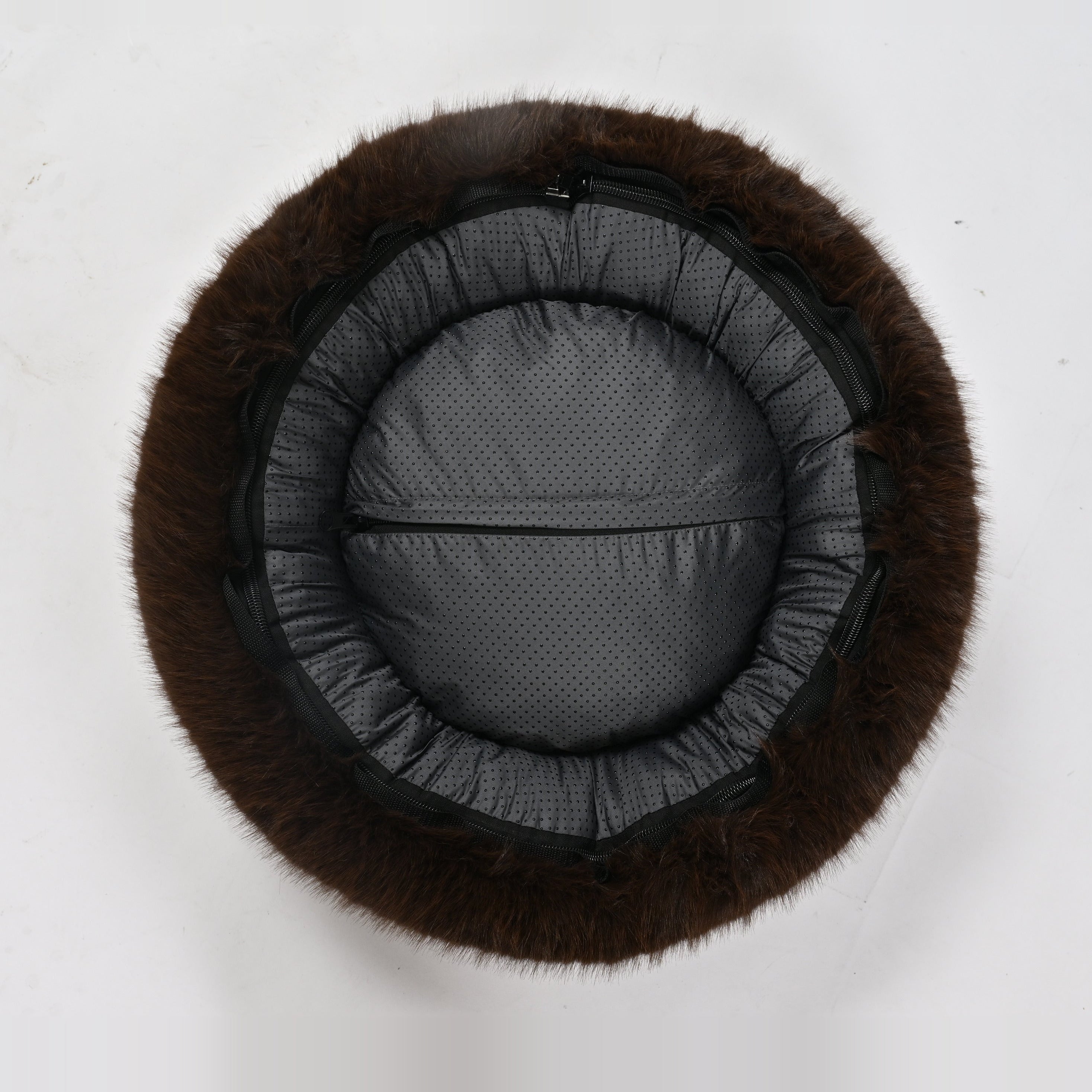 Brown donut dog bed interior