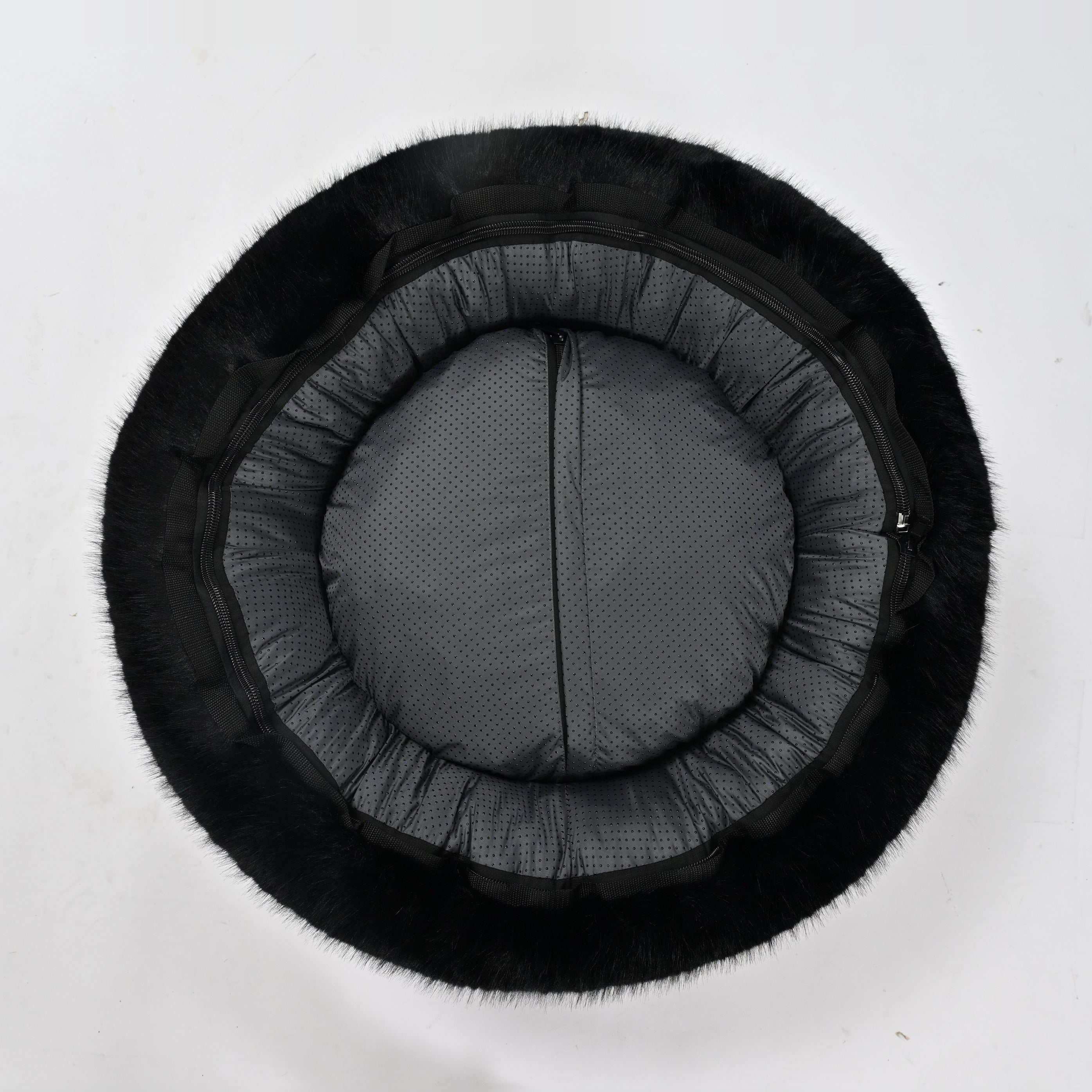 Black donut dog bed interior