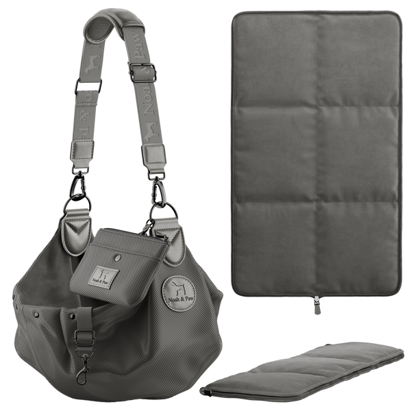 Mesh Dog Sling with Snap Closure and Removable Bed Mat, Gray