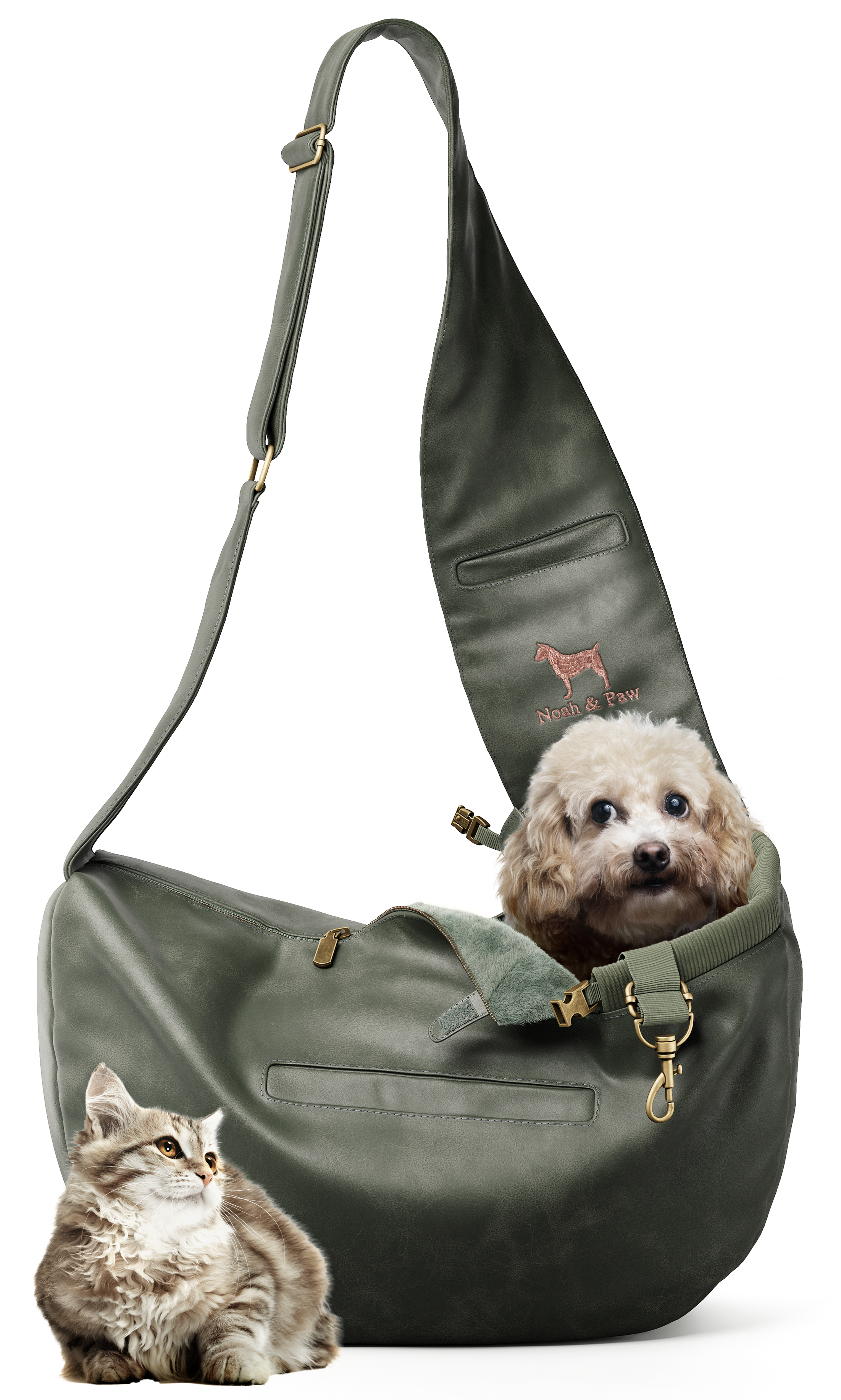 Dog Sling Carrier Dark green Leather - Zipper