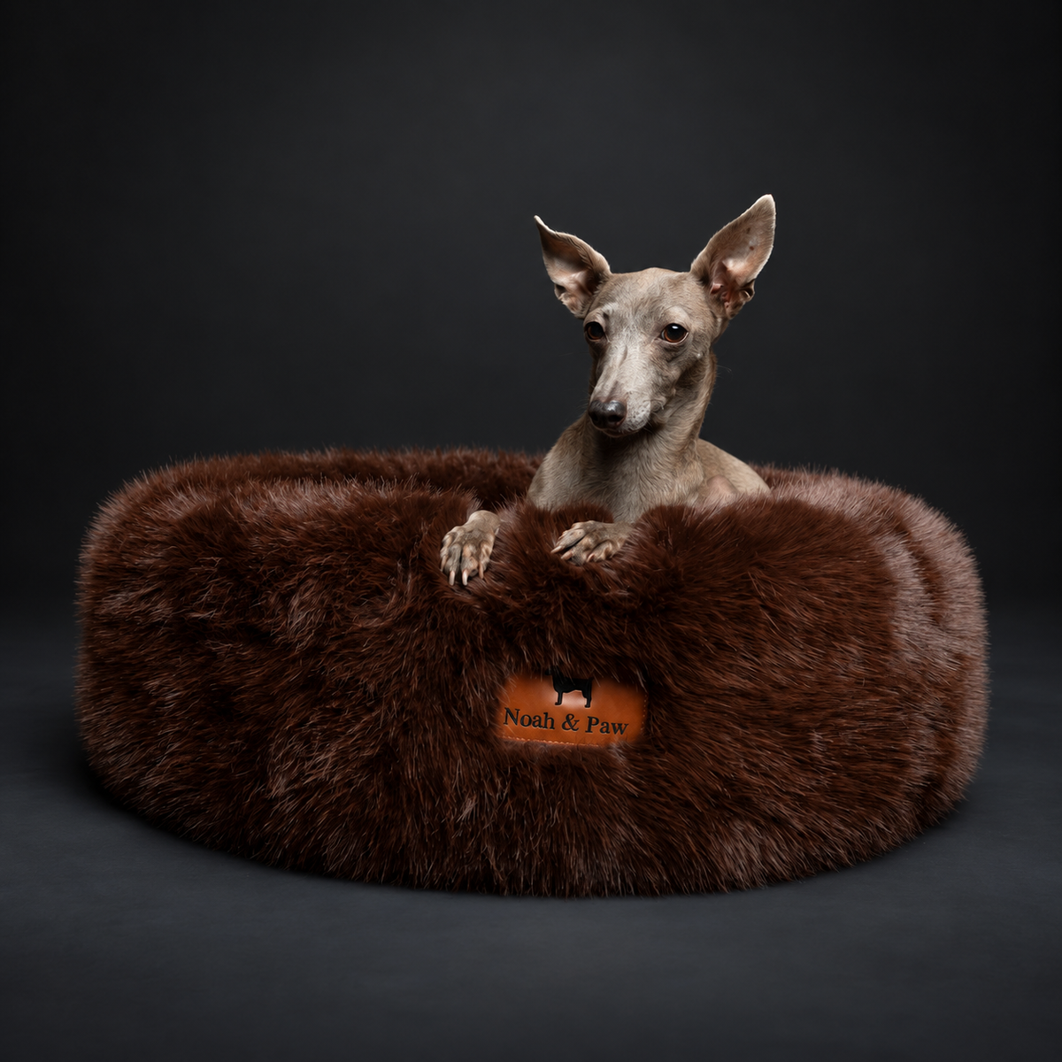 Brown donut dog bed, faux fur, Noah & Paw