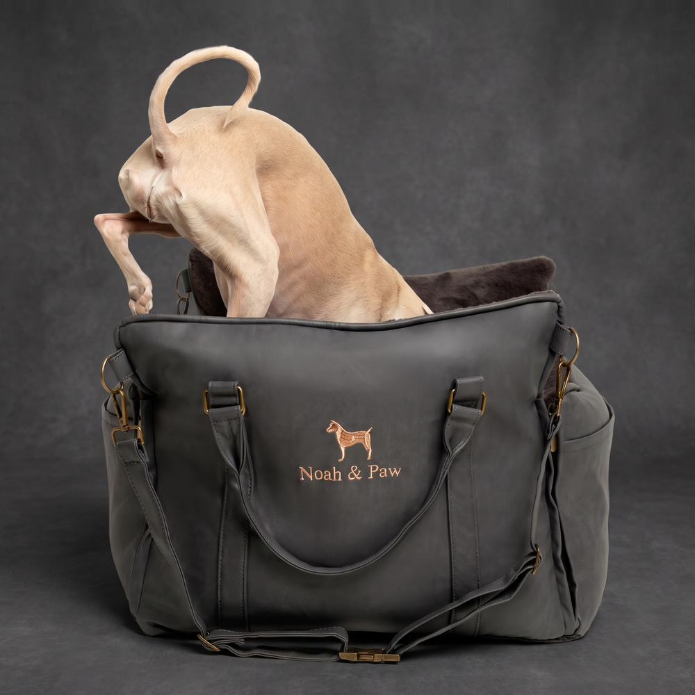 Noah & Paw orthopedic dog car seat carrier, black vegan leather, with an Italian greyhound