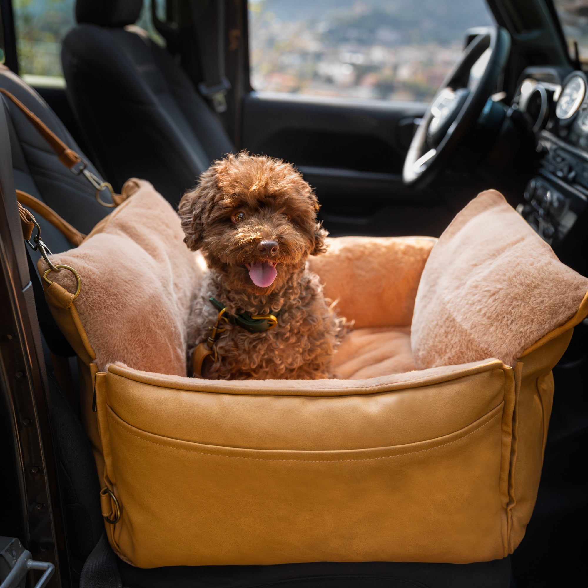 Camel Vegan Leather Dog Car Seat | Orthopedic Foam