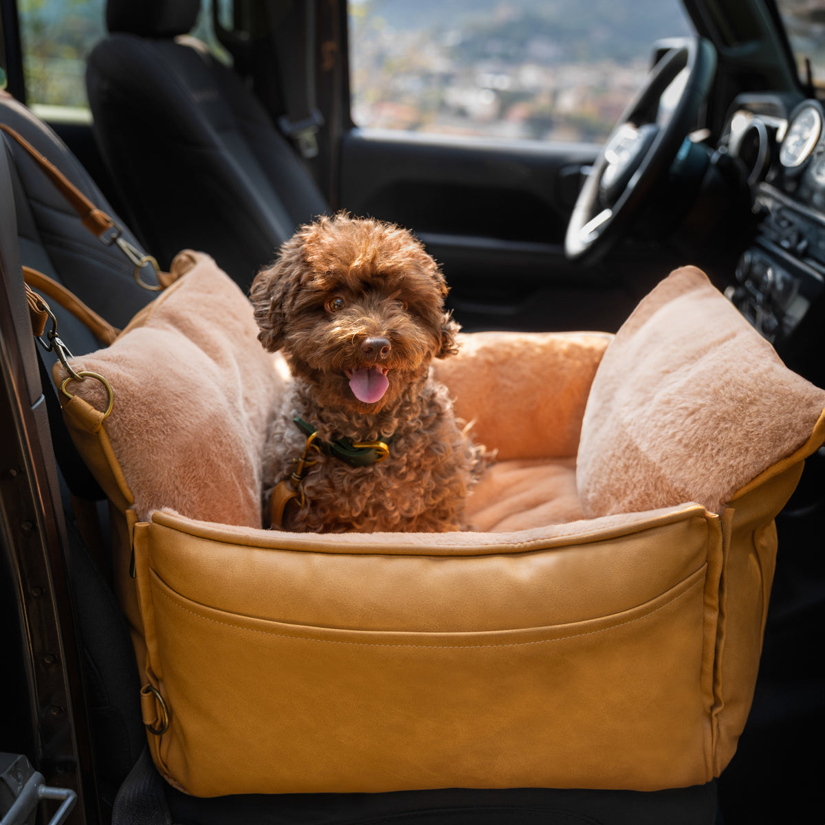 Noah & Paw orthopedic dog car seat carrier with crushed foam, camel vegan leather
