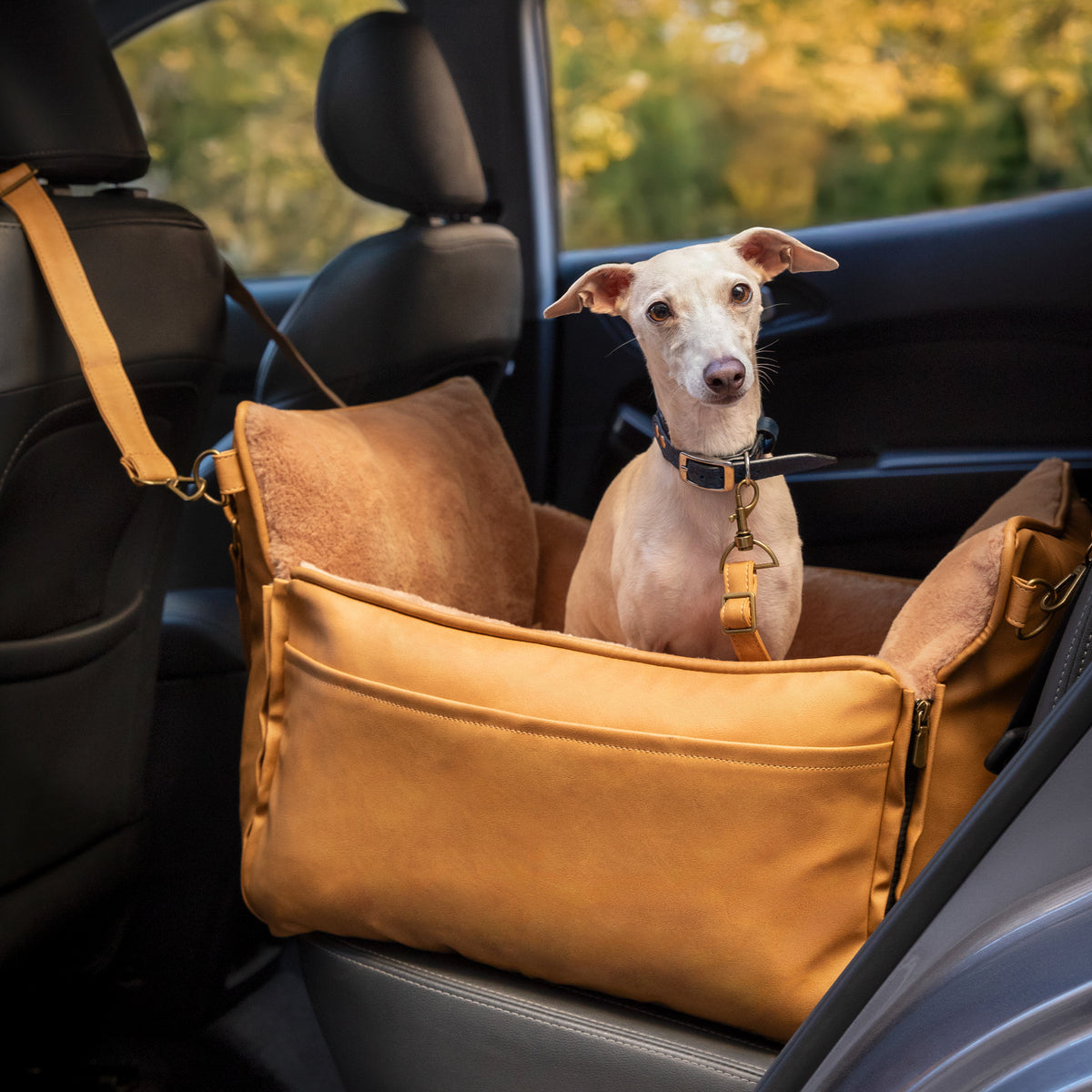 Noah & Paw orthopedic dog car seat carrier with crushed foam, camel vegan leather