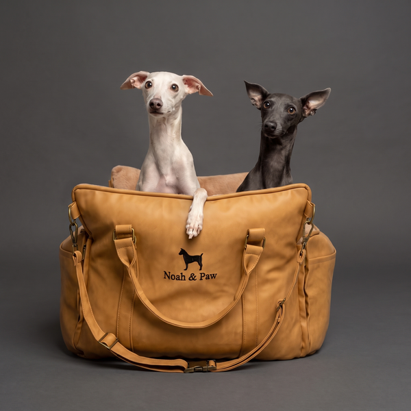 Noah & Paw orthopedic dog car seat carrier, camel vegan leather, with two Italian greyhounds