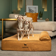 Noah & Paw orthopedic classic dog bed in faux leather with memory foam and cooling gel, camel, size M (28 x 23 x 7.5 in)