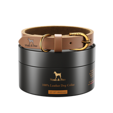 Noah & Paw genuine leather dog collar with oil-wax finish, camel, size L/XL, fits neck 18–24 in