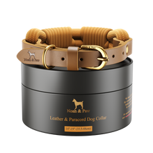 Noah & Paw leather and paracord dog collar with metal buckle, camel, size M, fits neck 14–19 in