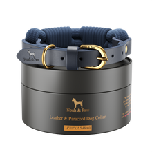 Noah & Paw leather and paracord dog collar with metal buckle, dark blue, size M, fits neck 14–19 in