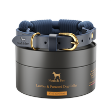 Noah & Paw leather and paracord dog collar with metal buckle, dark blue, size XS, fits neck 9–12 in