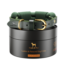 Noah & Paw leather and paracord dog collar with metal buckle, dark green, size M, fits neck 14–19 in