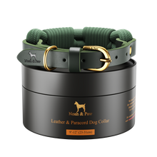 Noah & Paw leather and paracord dog collar with metal buckle, dark green, size XS, fits neck 9–12 in